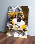 Personalized pet canvas featuring a pug in a Pittsburgh Penguins hockey uniform, leaning against a wall.