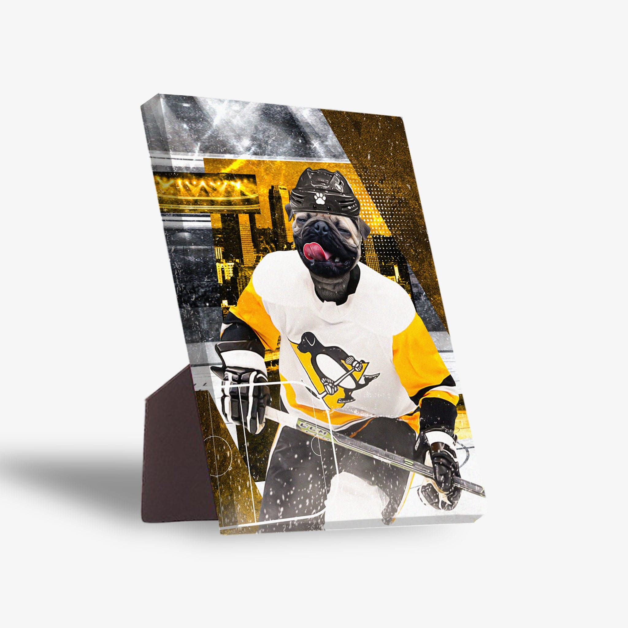 Personalized pet canvas featuring a pug in a Pittsburgh Penguins hockey uniform, with a gold and black cityscape background.