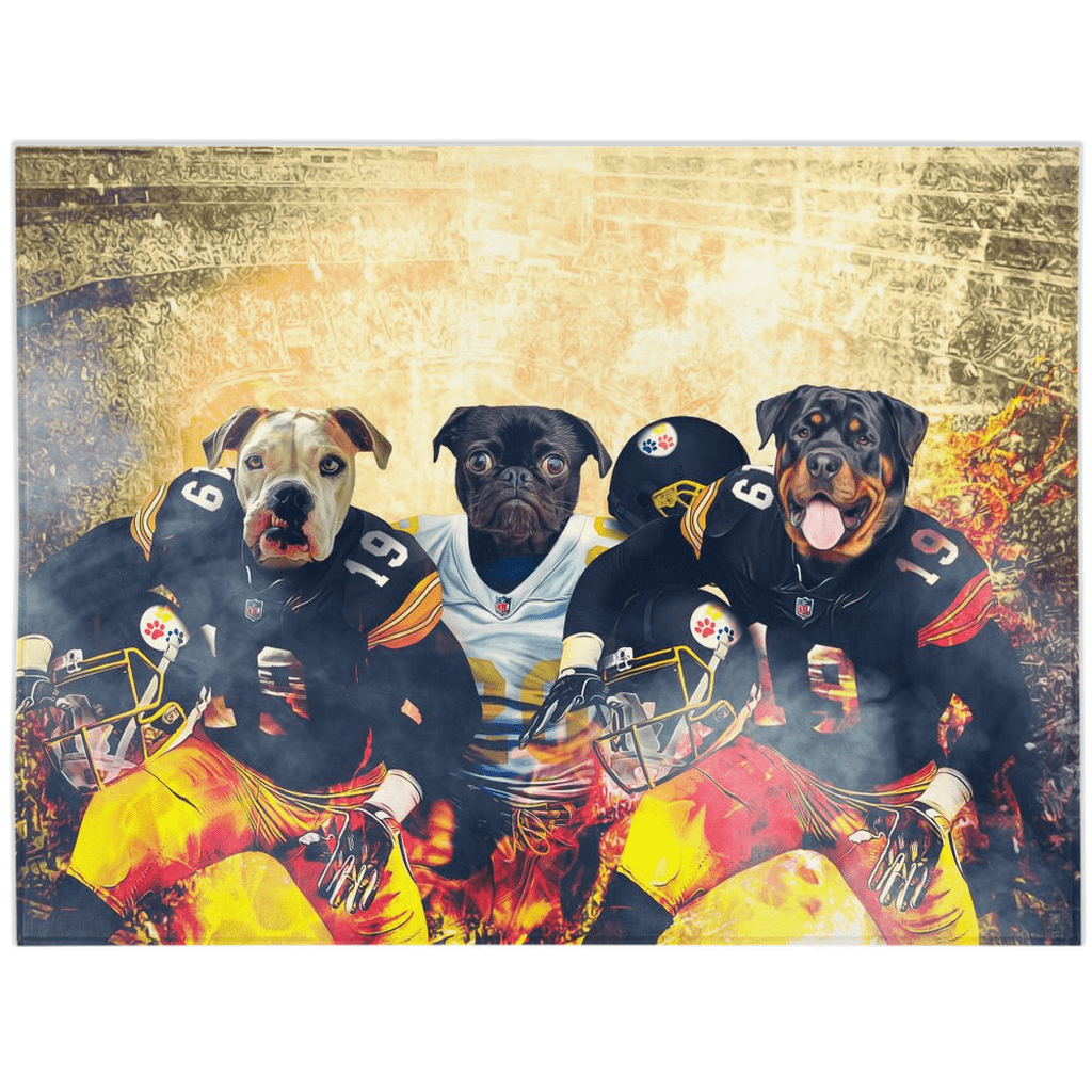 Personalized custom blanket with three dogs in Pittsburgh Steelers football uniforms.