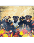 Personalized custom blanket with three dogs in Pittsburgh Steelers football uniforms.
