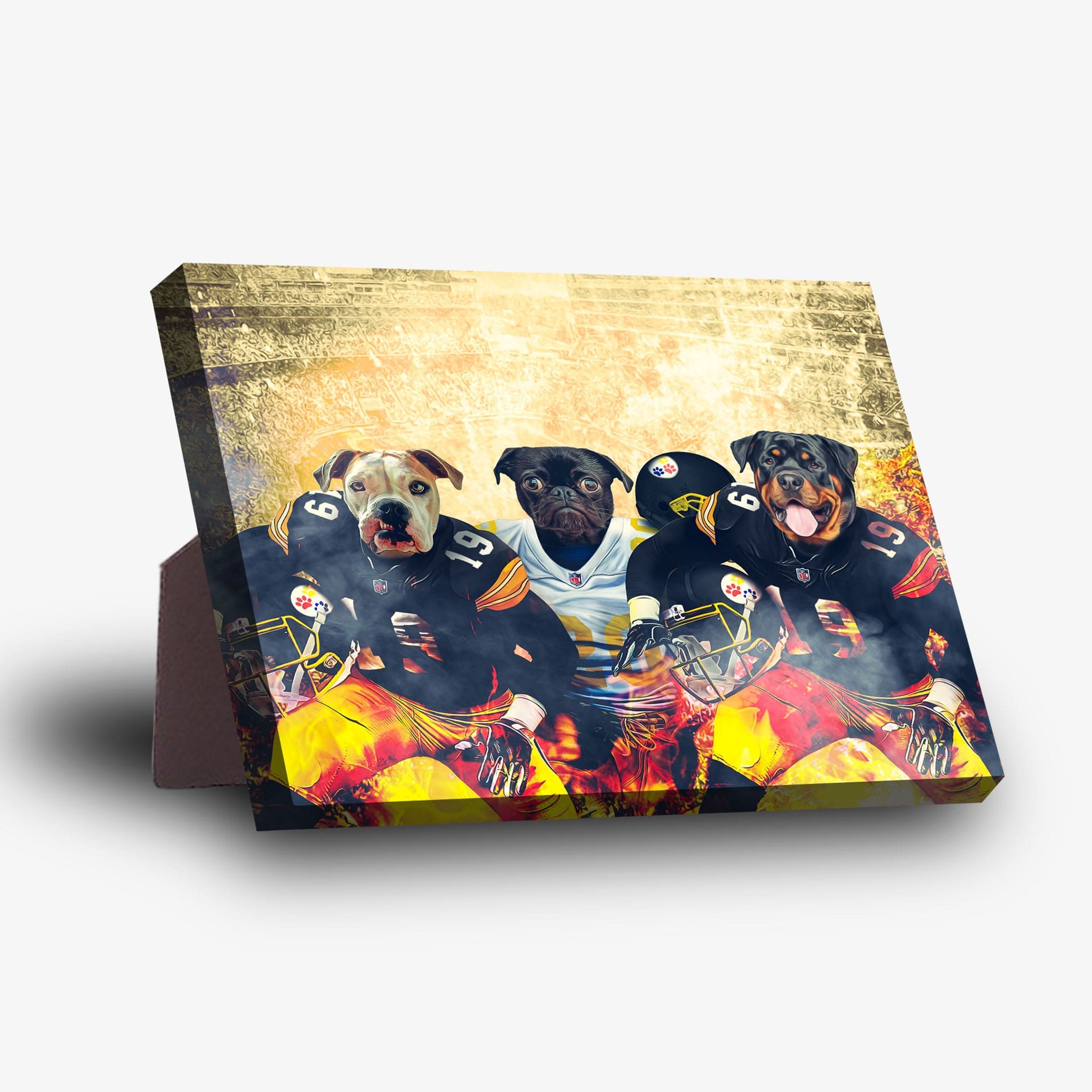 Personalized 3-pet standing canvas featuring a bulldog, pug, and rottweiler in Pittsburgh football jerseys.