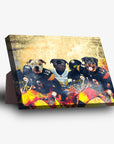 Personalized 3-pet standing canvas featuring a bulldog, pug, and rottweiler in Pittsburgh football jerseys.