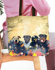 Personalized 3 pet tote bag with dogs in Pittsburgh Steelers football uniforms.