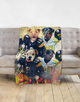 Personalized pet blanket with four dogs in Pittsburgh Steelers and Chargers football uniforms.