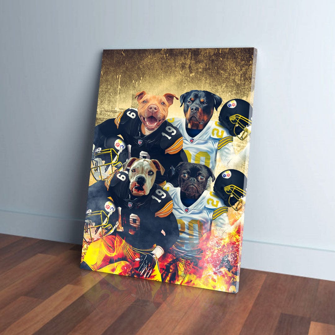 Custom canvas print of four dogs in football uniforms, with a gold and fiery background.