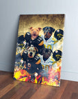 Custom canvas print of four dogs in football uniforms, with a gold and fiery background.