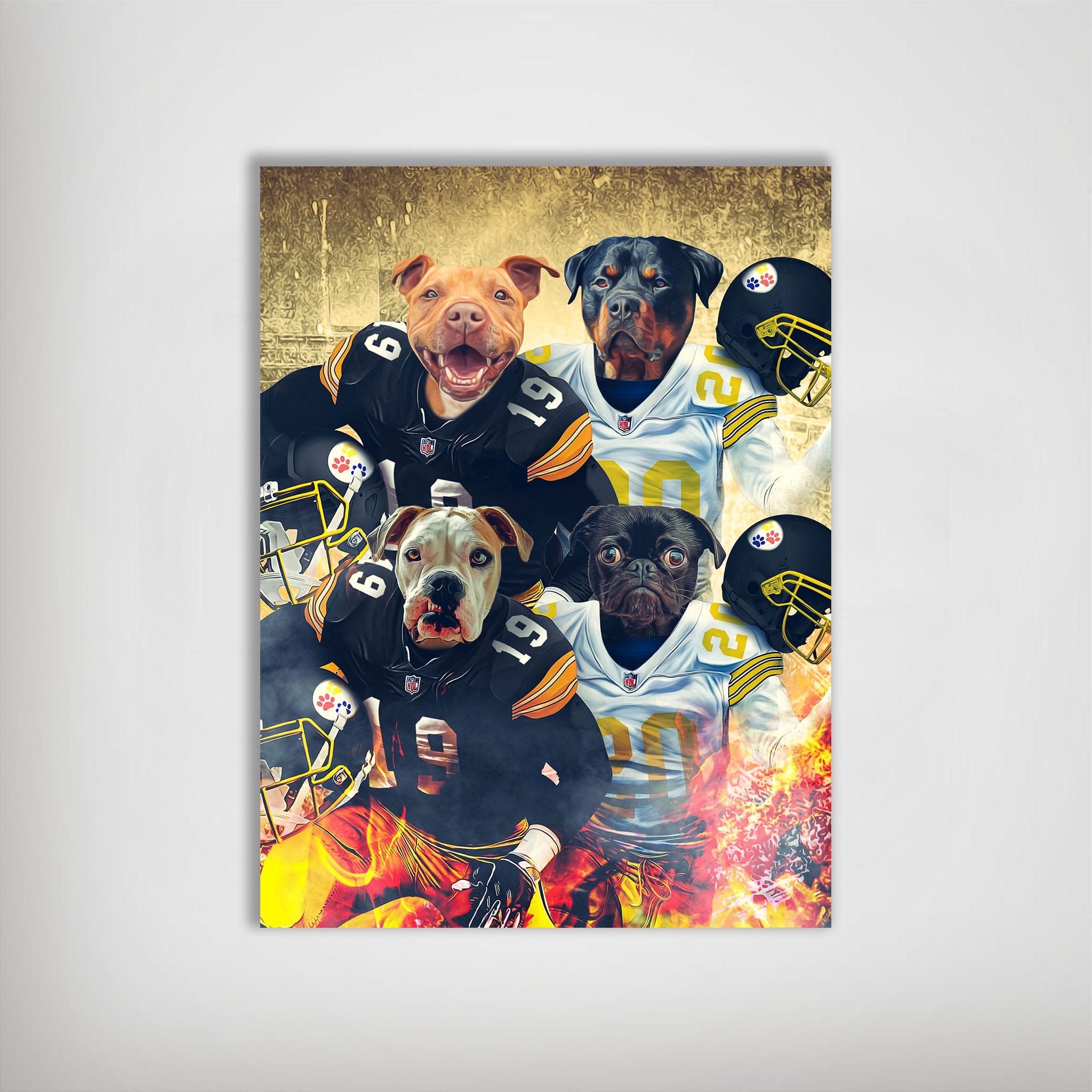 Personalized 'Pittsburgh Doggos' poster featuring four pets as football players in black and gold jerseys.