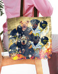 Personalized 4-pet tote bag with dogs in Pittsburgh Steelers and Chargers football uniforms.