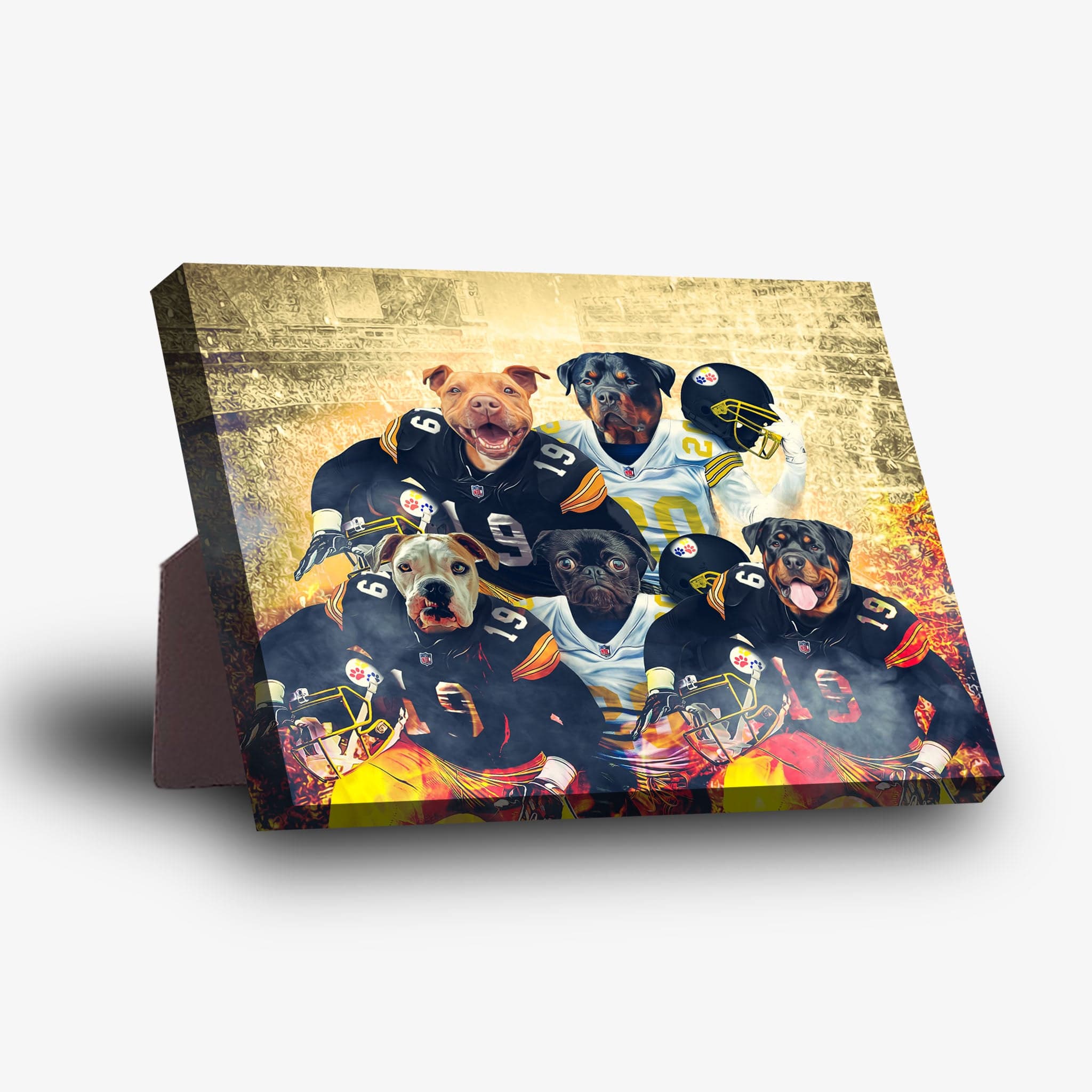 Personalized 'Pittsburgh Doggos' 5-pet standing canvas featuring dogs in Steelers football jerseys.