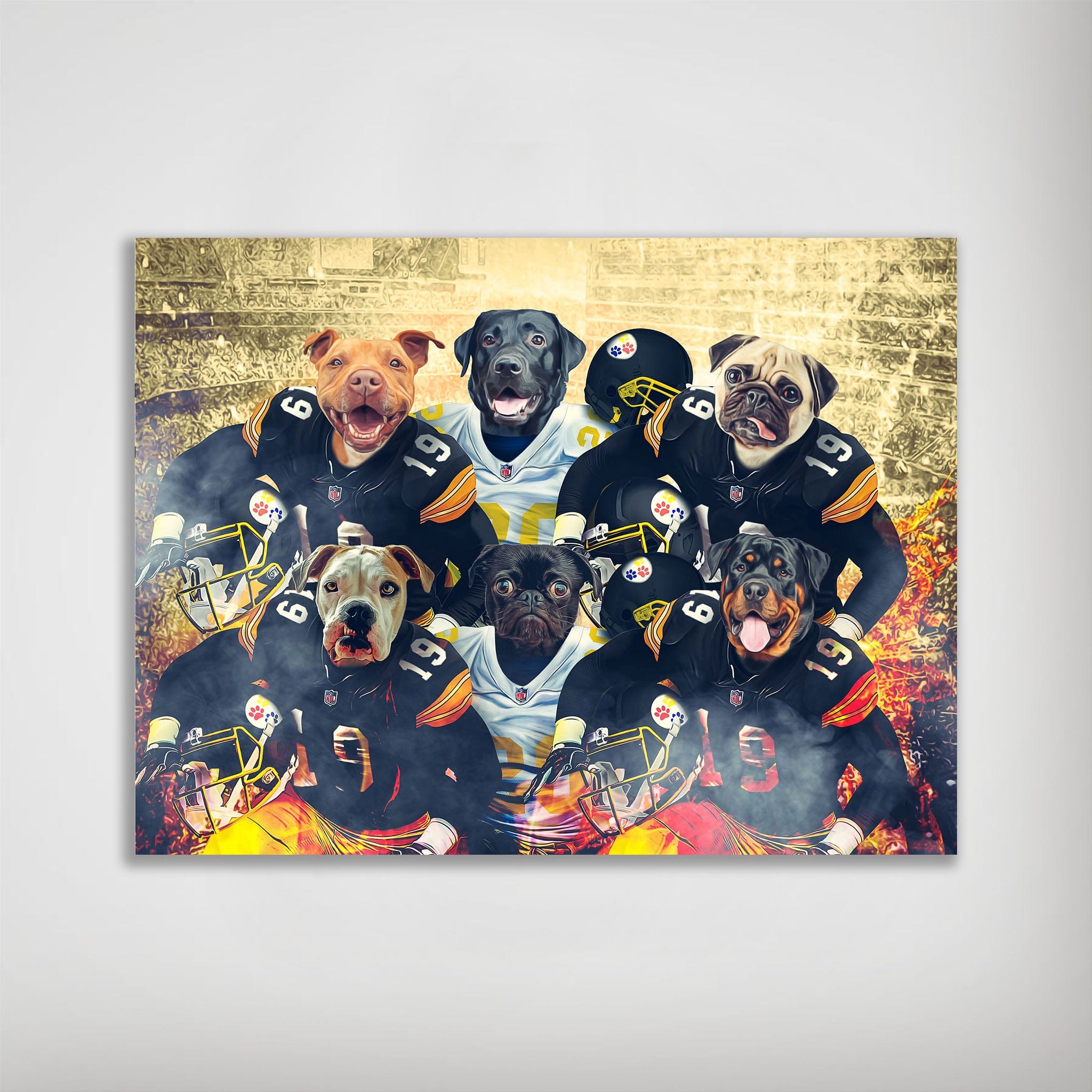 Personalized 6-pet poster featuring dogs in black and gold football uniforms against a stadium backdrop.