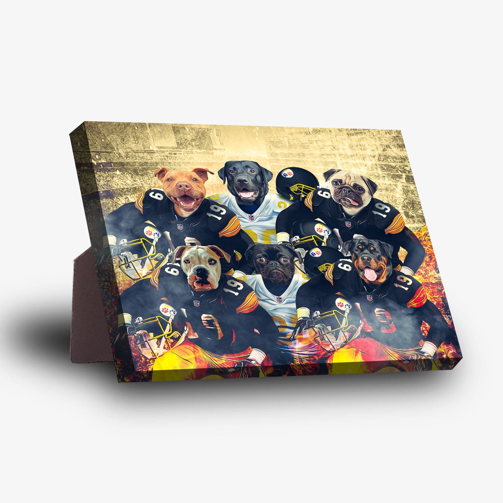 Personalized 'Pittsburgh Doggos' standing canvas featuring six pets in football uniforms.