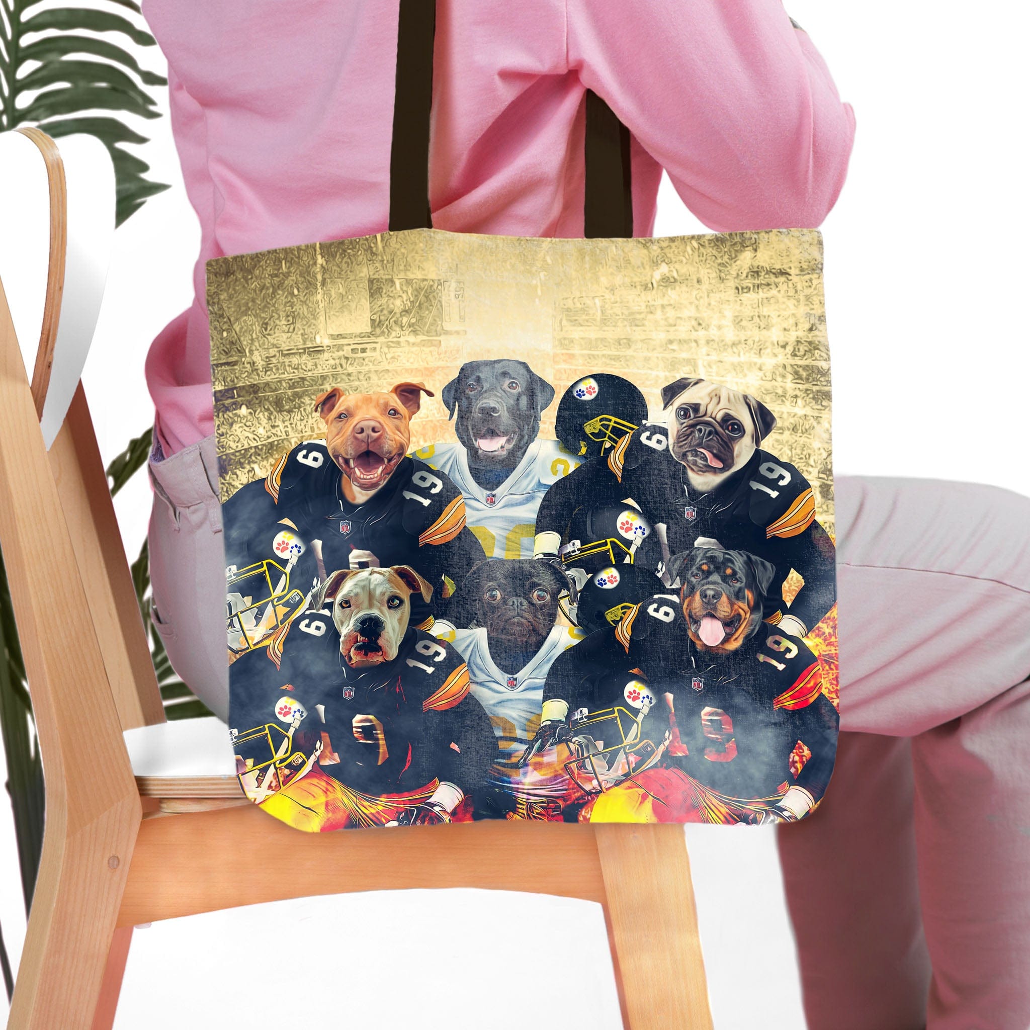 Personalized 6-pet tote bag with dogs in Pittsburgh Steelers football uniforms.