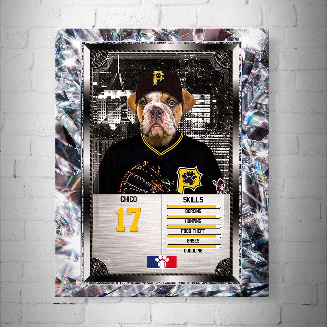 Personalized 8x10" matte baseball trading card poster featuring a bulldog in a black Pawrates uniform.