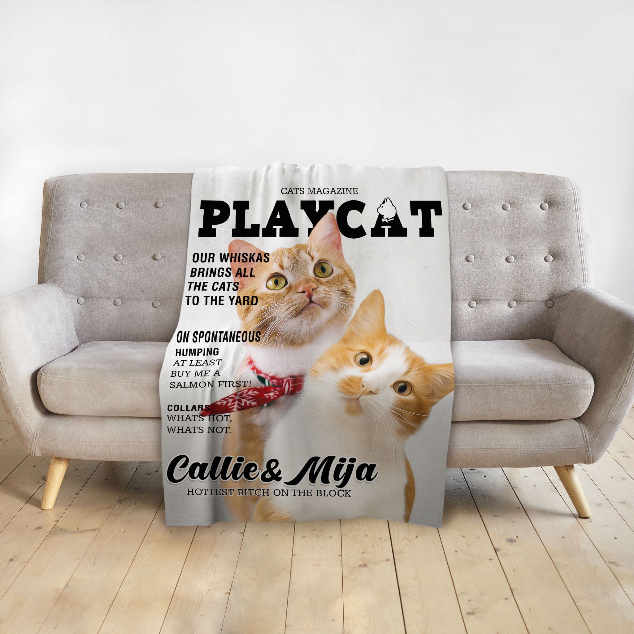 Custom personalized blanket with two orange and white cat portraits in a magazine cover style.