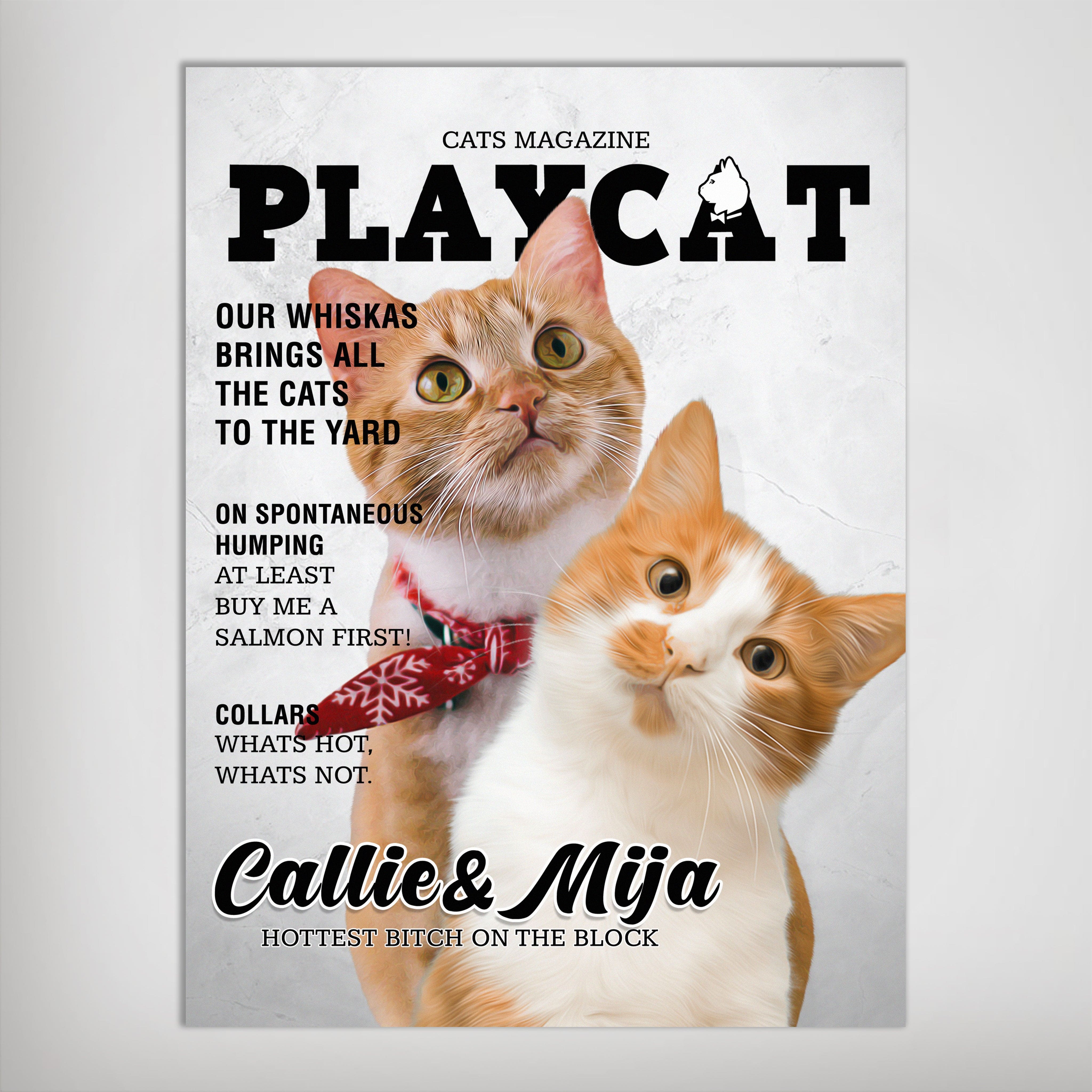 Personalized "Playcat" magazine cover poster featuring two orange and white cats.