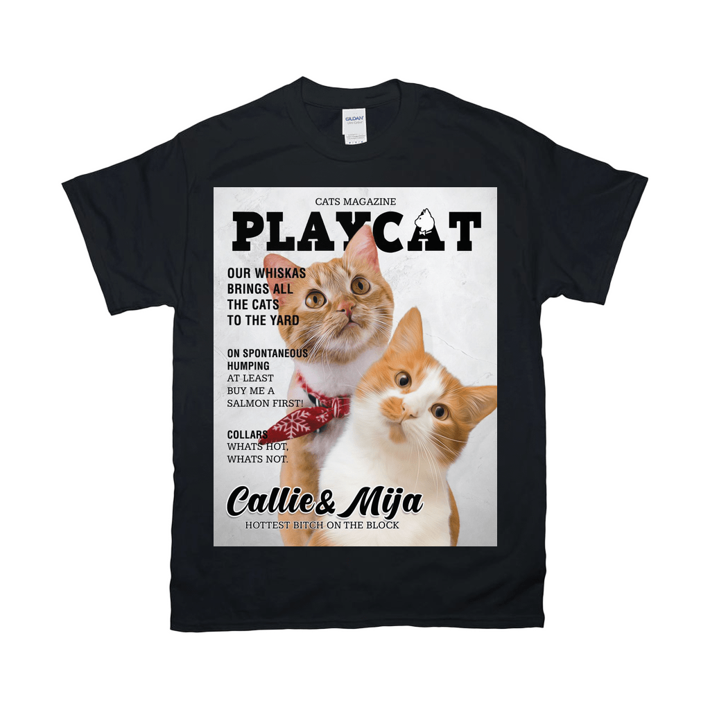 Black Gildan t-shirt with a "Playcat" magazine cover design featuring two orange and white cats.