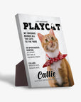 Personalized Playcat standing canvas featuring an orange cat in a red bow tie, designed like a magazine cover.