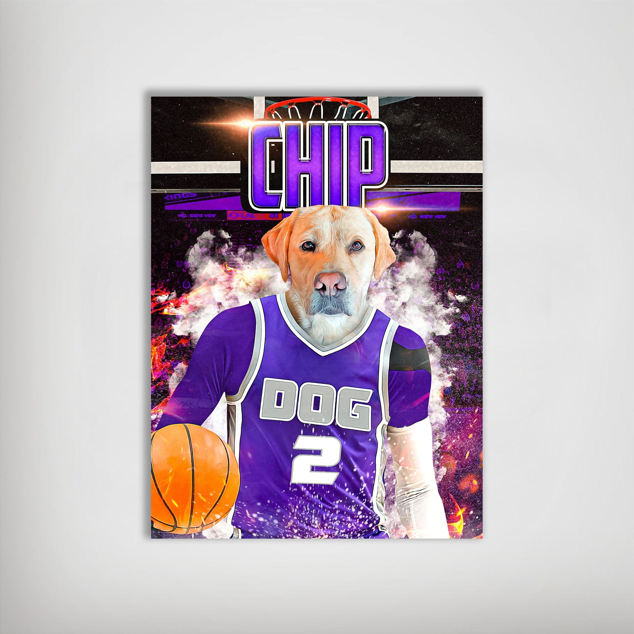 Personalized Sacramento Kings Doggos poster featuring a yellow lab in a purple basketball jersey.