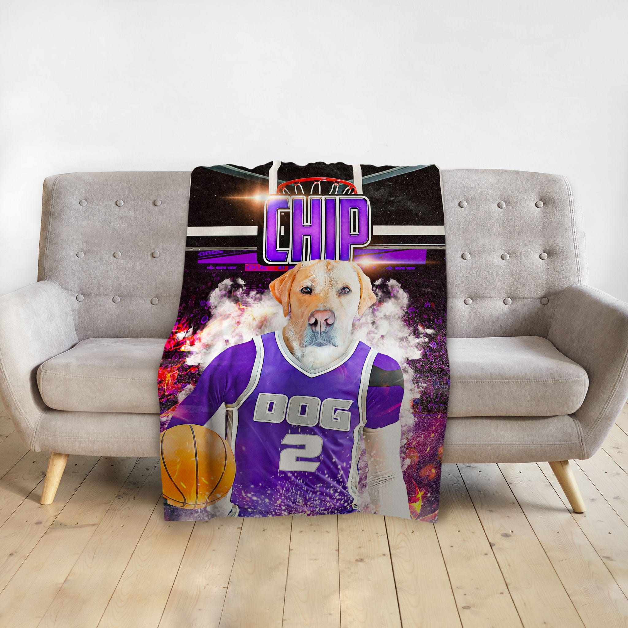 Personalized pet blanket with a yellow lab dog in a purple basketball jersey, holding a basketball.