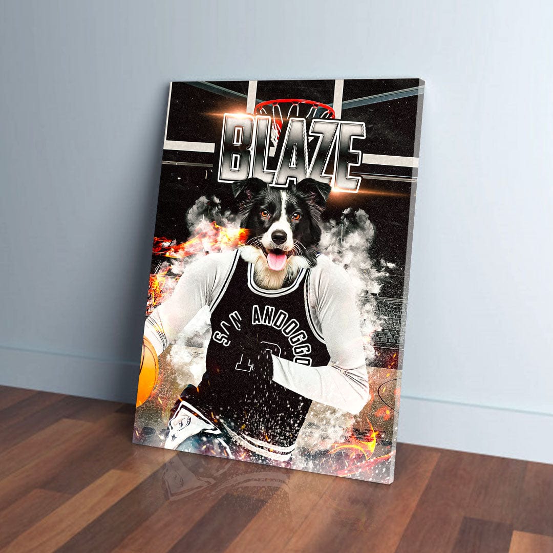 Custom 'San Andoggo Spurs' pet canvas featuring a Border Collie in a basketball jersey.
