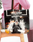Personalized black tote bag with a custom dog portrait in a basketball uniform.