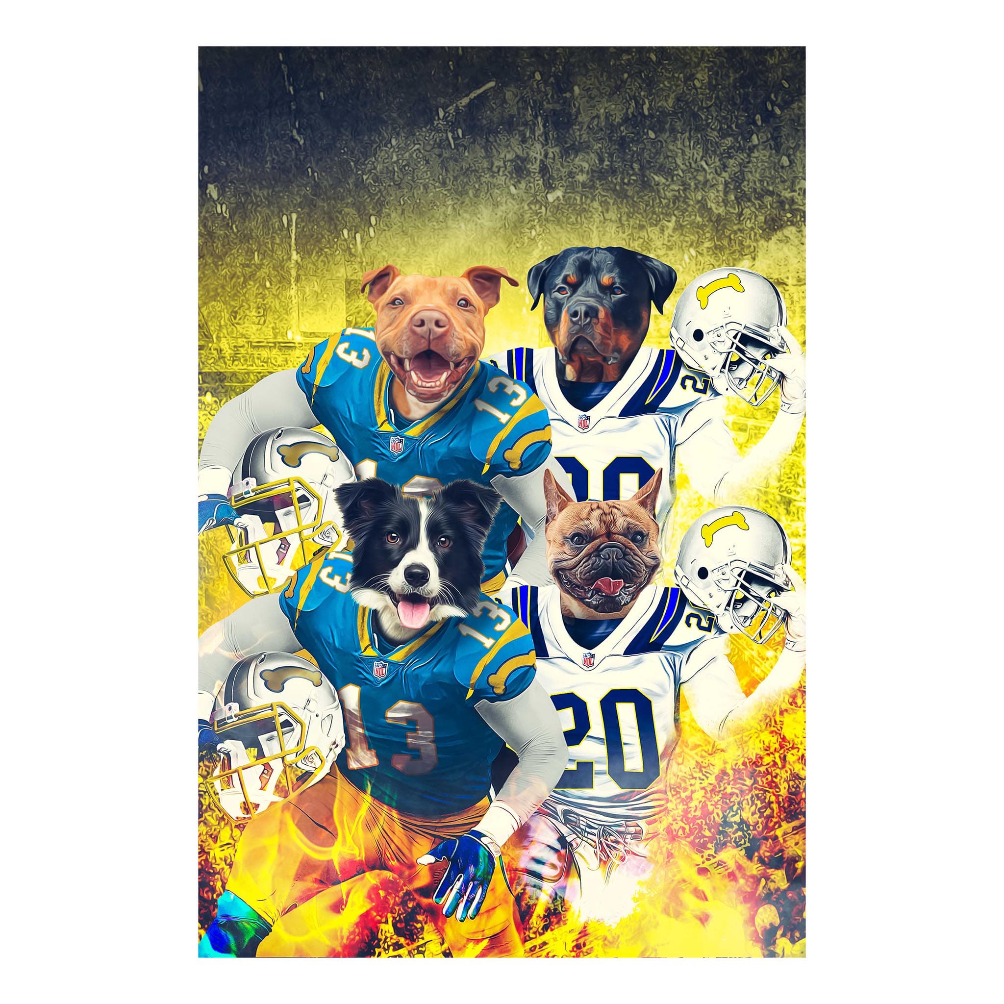 Custom digital portrait of four dogs in San Diego Chargers football uniforms with helmets and a fiery background.