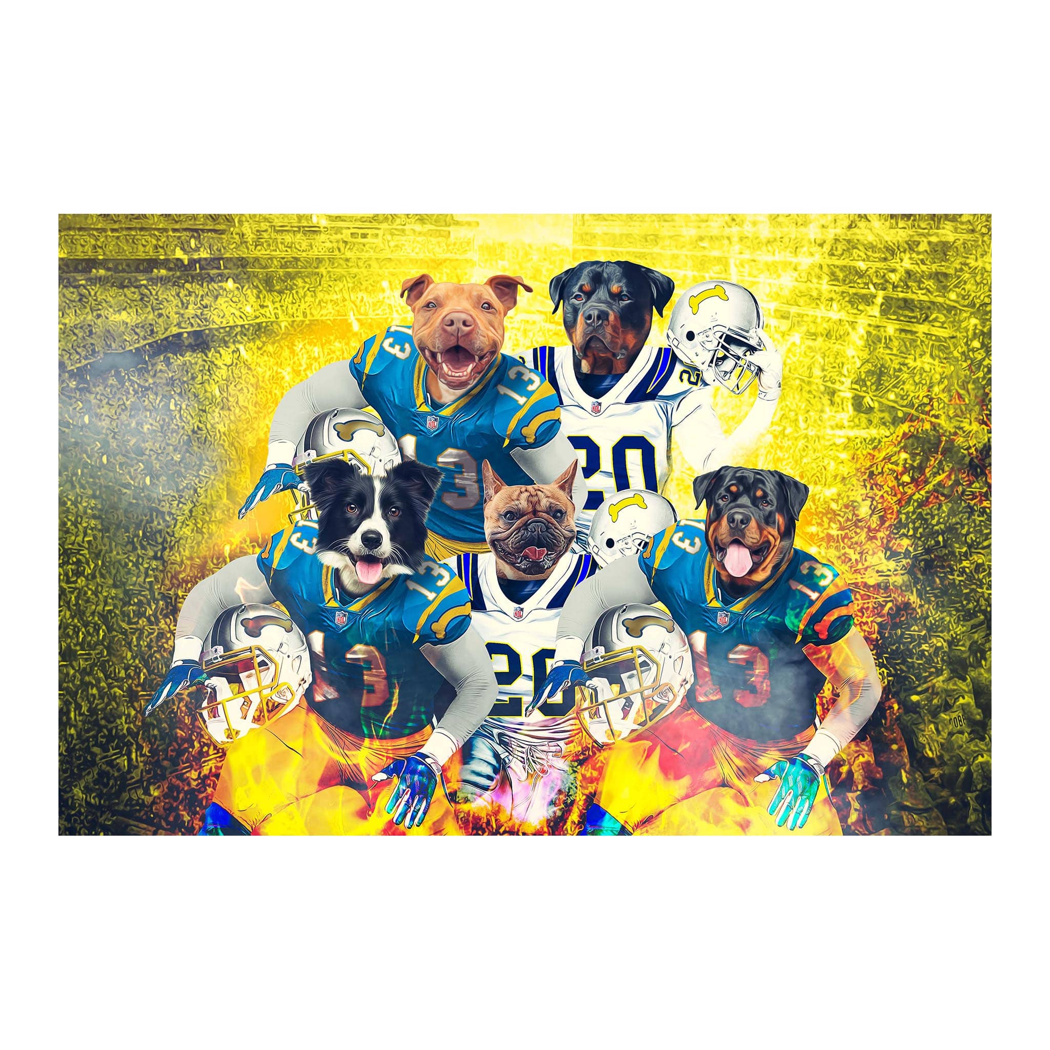 Custom San Diego Doggos 5-pet digital portrait with dogs in football uniforms.