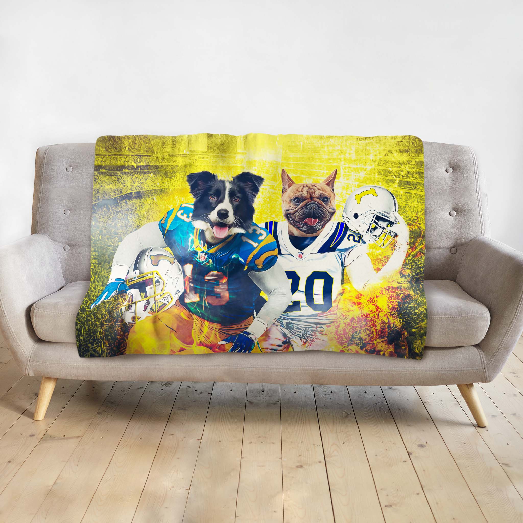 Personalized pet blanket with a Border Collie and French Bulldog in football uniforms.