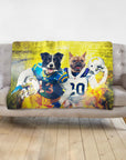 Personalized pet blanket with a Border Collie and French Bulldog in football uniforms.