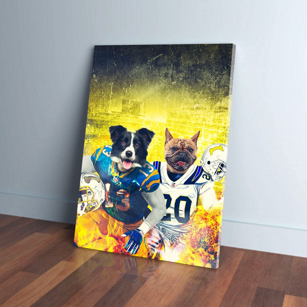 Personalized San Diego Doggos canvas featuring two pets in football uniforms against a fiery yellow background.