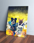 Personalized San Diego Doggos canvas featuring two pets in football uniforms against a fiery yellow background.