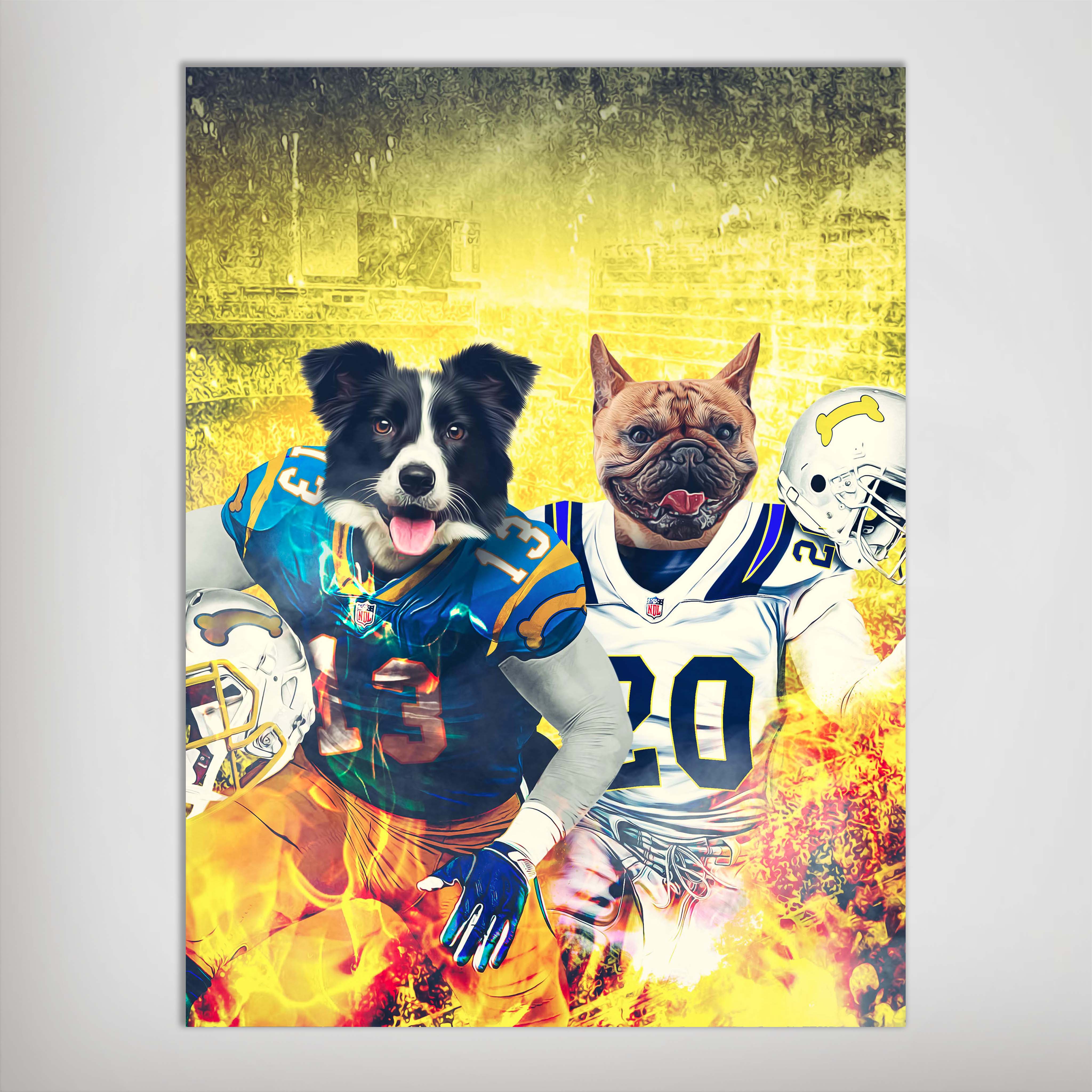 Personalized San Diego Doggos poster featuring two pets as football players in Chargers uniforms.