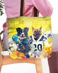 Personalized tote bag with custom dog portraits in football uniforms, San Diego Doggos style.