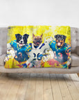 Personalized pet blanket with three dogs in football uniforms against a yellow background.