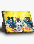 Personalized 3-pet standing canvas featuring dogs in blue and white football uniforms against a yellow background.