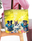 Personalized 3-pet tote bag with custom dog portraits in football uniforms on a yellow background.