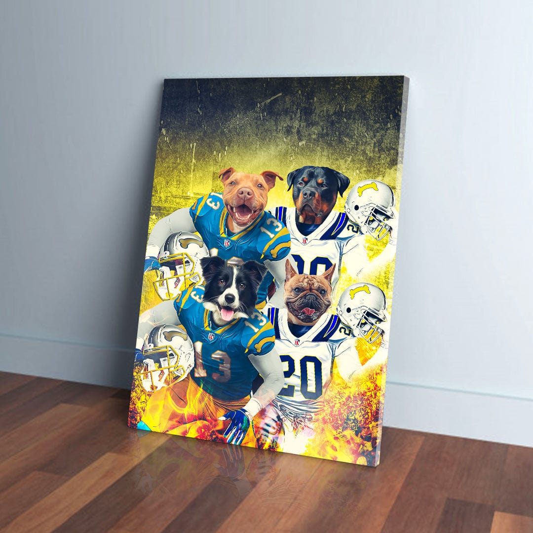 Personalized 4-pet canvas featuring dogs in blue and white football uniforms with helmets.