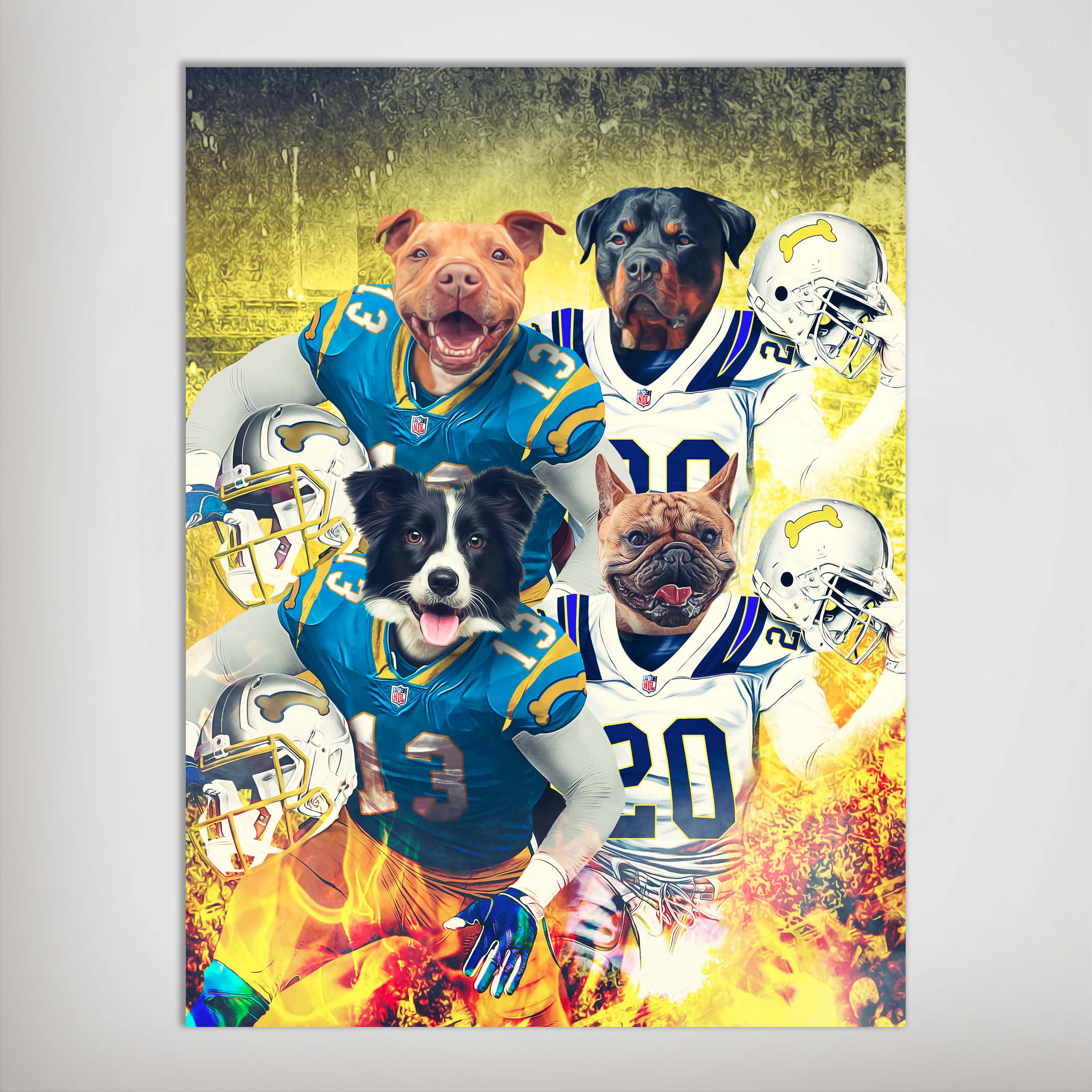 Personalized 4-pet poster featuring dogs in San Diego Chargers football uniforms with helmets and fire effects.