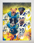 Personalized 4-pet poster featuring dogs in San Diego Chargers football uniforms with helmets and fire effects.