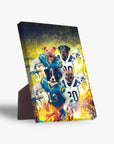 Personalized 4-pet standing canvas featuring dogs in football uniforms against a fiery yellow background.