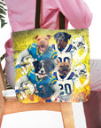 Personalized 4-pet tote bag featuring dogs in football uniforms against a yellow, fiery background.