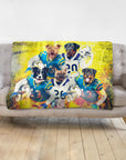 Personalized 5-pet football team portrait blanket in vibrant yellow and blue, draped on a sofa.