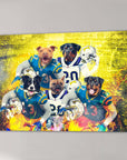 Personalized San Diego Doggos 5-pet canvas featuring dogs in Chargers football uniforms on a vibrant yellow background.
