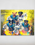 Personalized 5-pet poster featuring dogs in blue and yellow football uniforms, set against a fiery background.