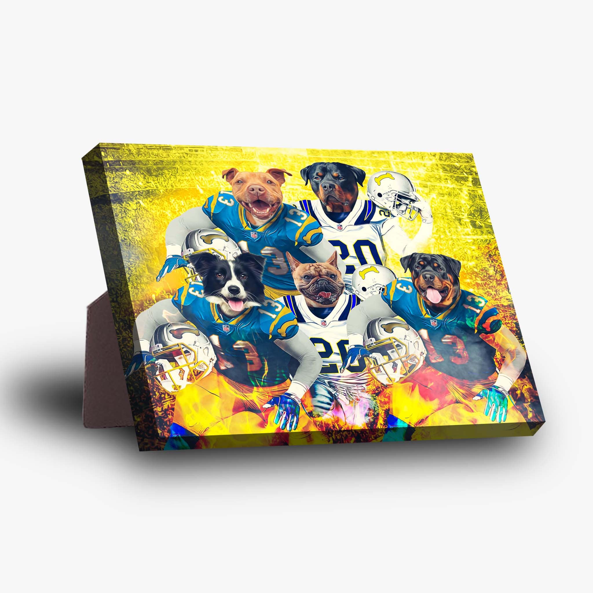 Personalized 5-pet standing canvas featuring dogs in blue and yellow football uniforms against a vibrant background.