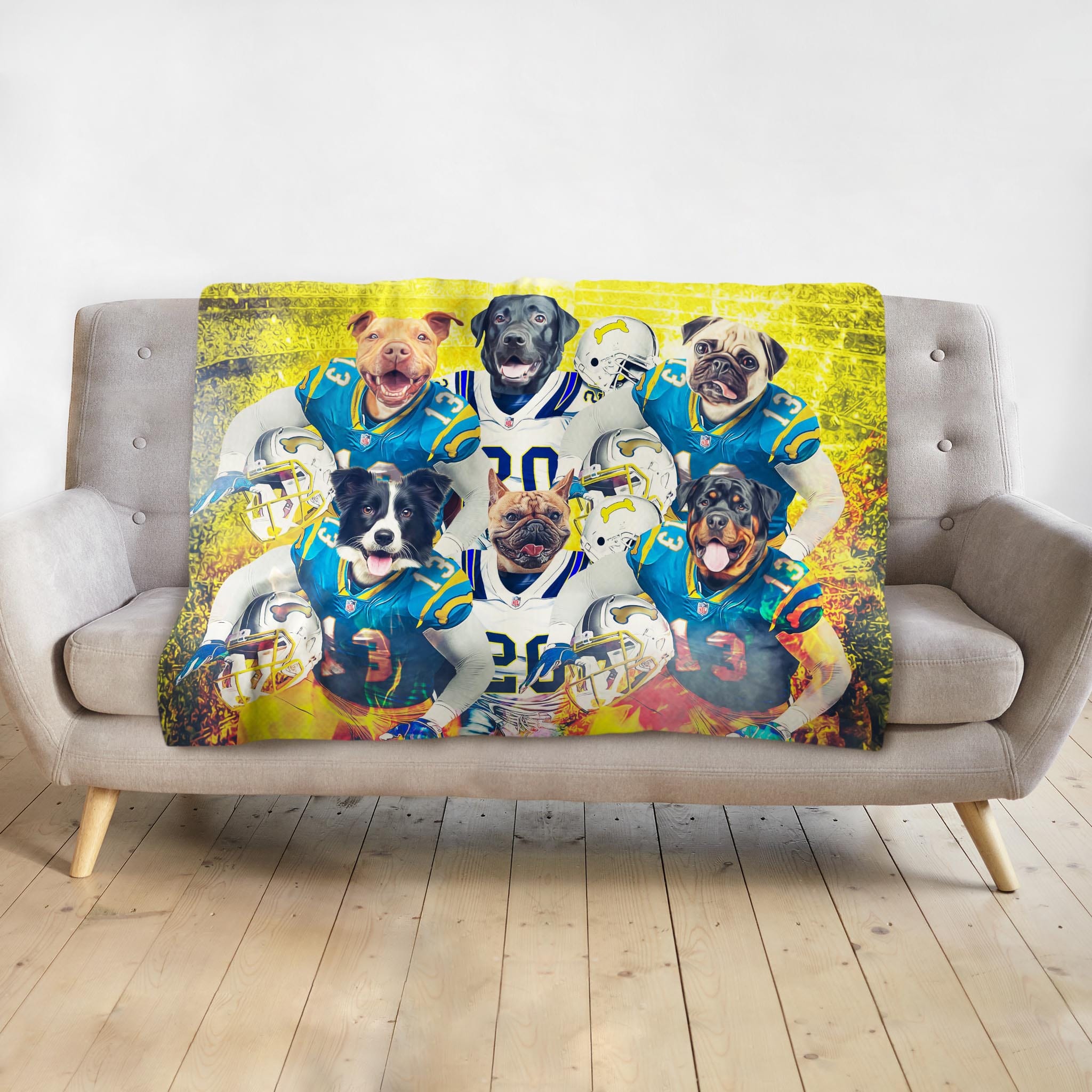 Personalized pet blanket with 6 dogs in football uniforms, yellow and blue design.