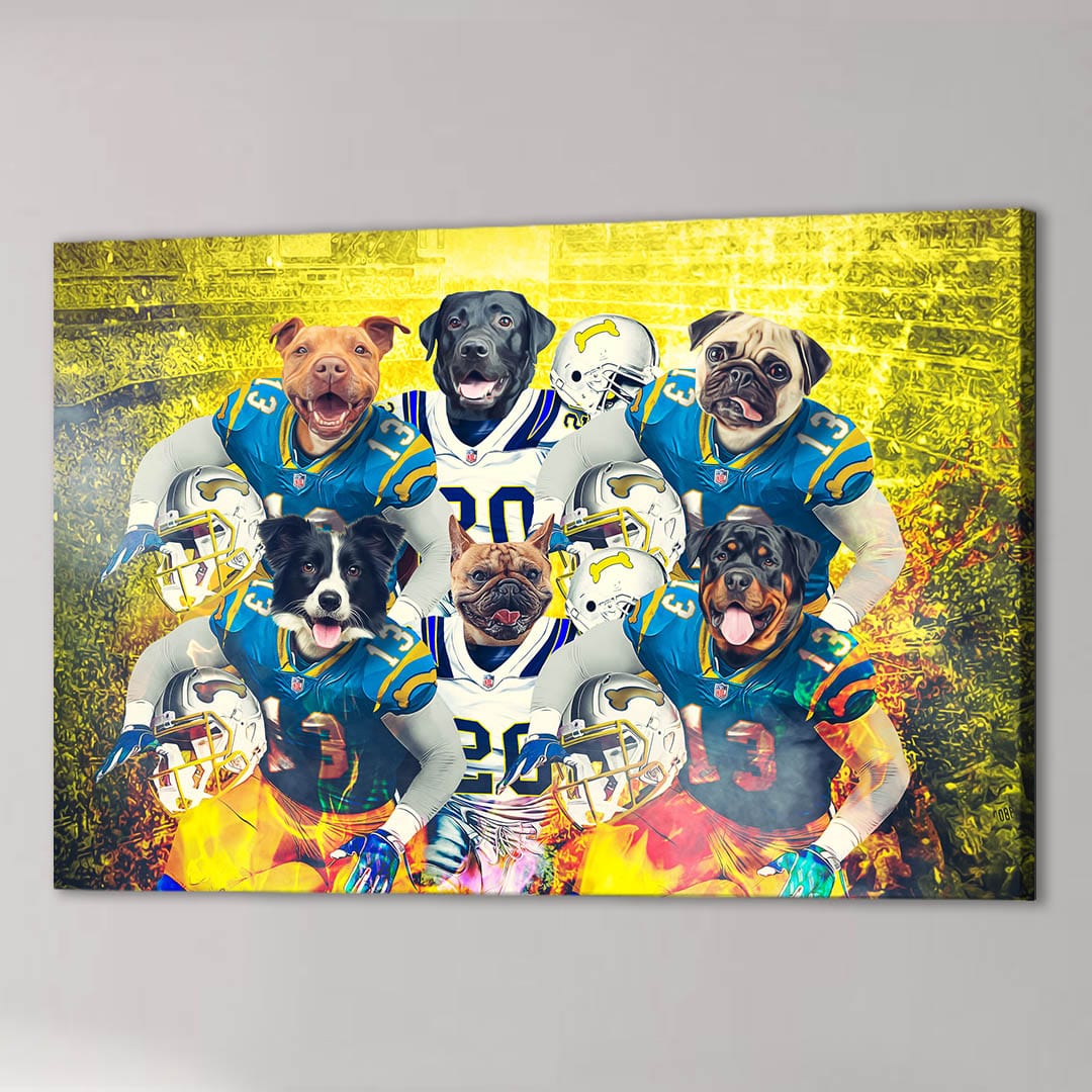 Personalized 6-pet canvas featuring dogs in blue and white football uniforms on a yellow background.