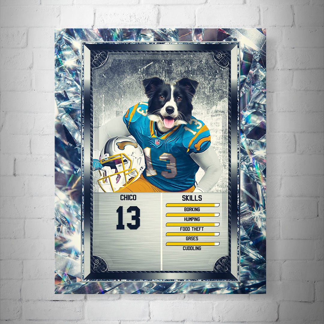 Personalized 8x10" matte poster featuring a Border Collie in a blue football jersey with number 13, framed by a diamond pattern.