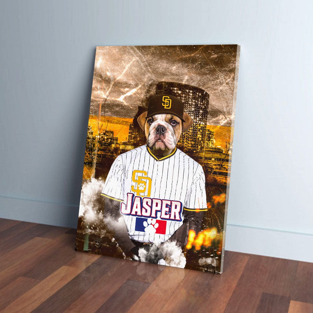 Personalized pet canvas featuring a bulldog in a Padres baseball uniform, named "Jasper," against a city skyline.