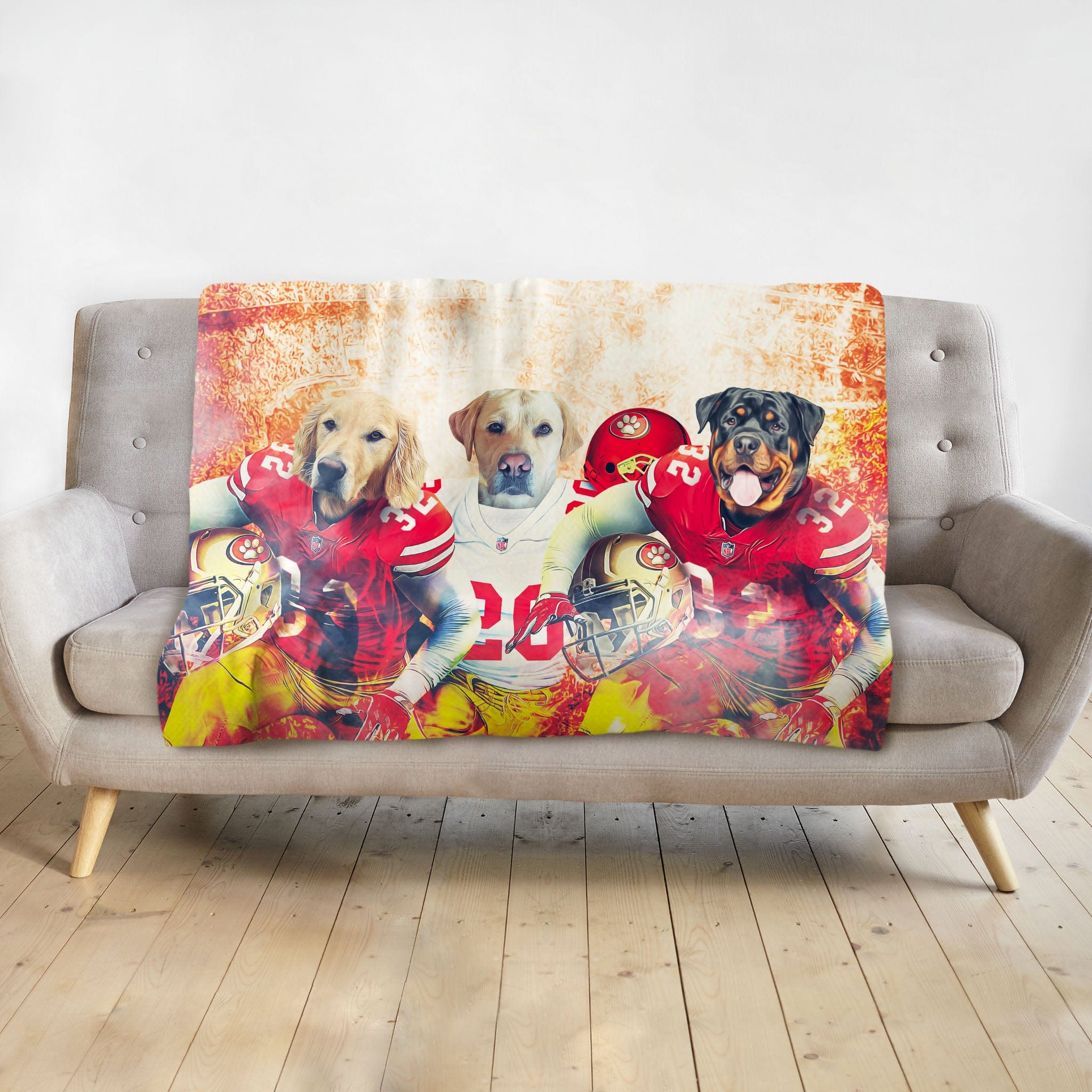 Personalized 3-pet blanket with dogs in San Francisco 49ers football uniforms.